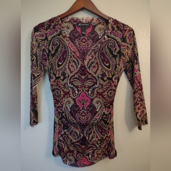 INC International Concepts Paisley Print Ruched V-Neck Size Small - Picture 1 of 13